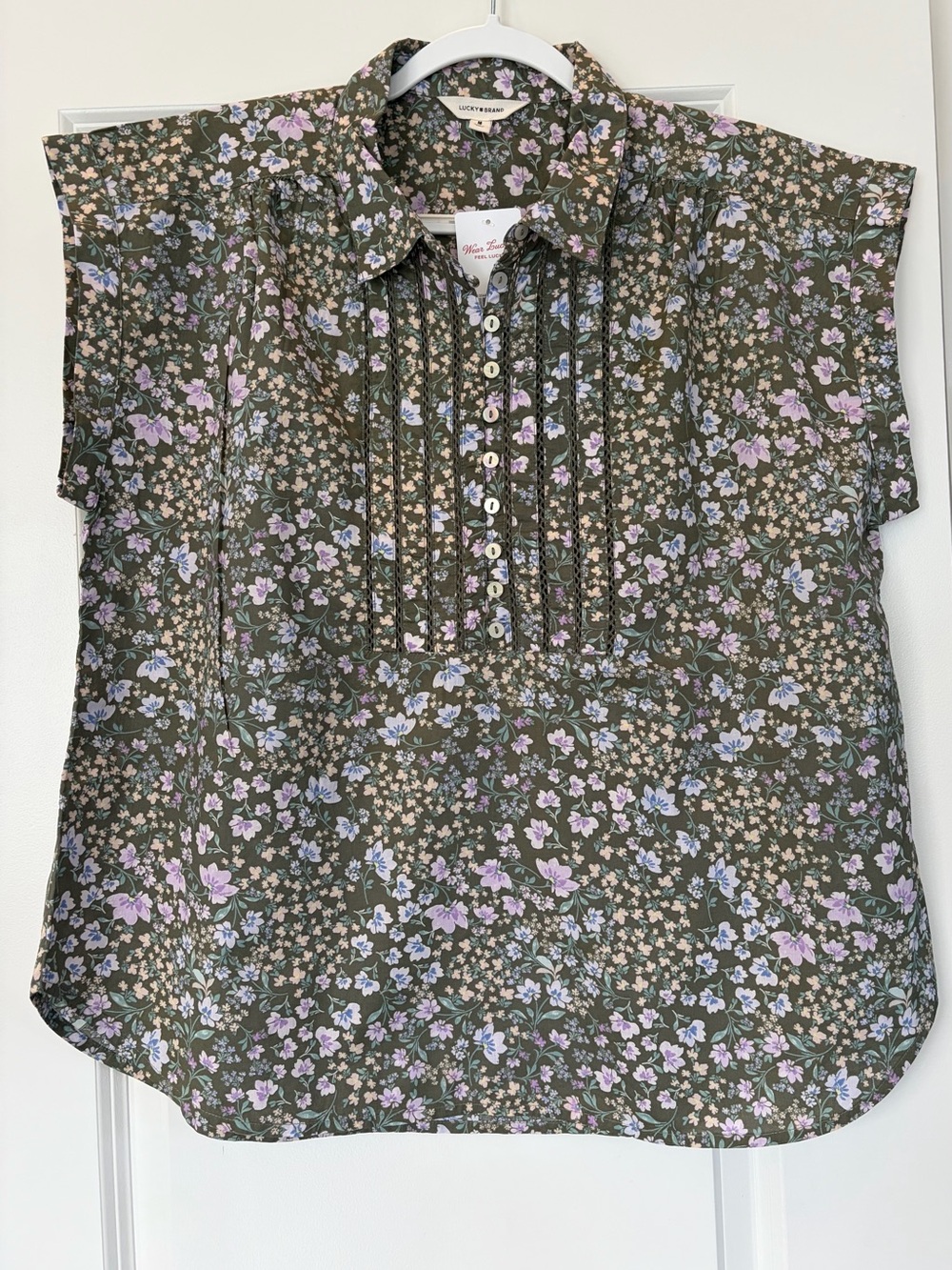 Lucky Brand Olive Green Floral Pintuck Button-Front Blouse